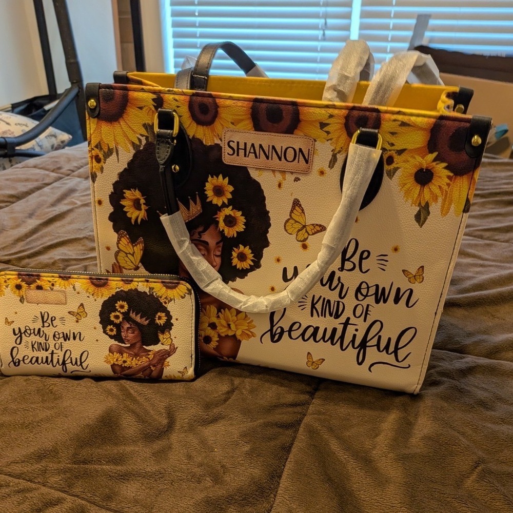 Shannon Sunflower Black Queen Tote Bag + Wallet Set Yellow Floral Inspirational